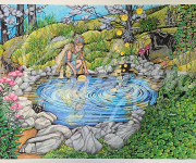 Blue Pool Reflection with fairy magic drawing by Shirleyan Price